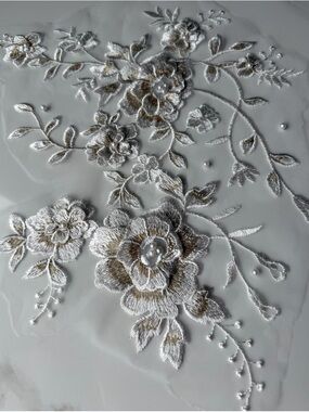 New Large Ivory Floral Embroidered Appliqué on Sheer Tulle- bundle and save.